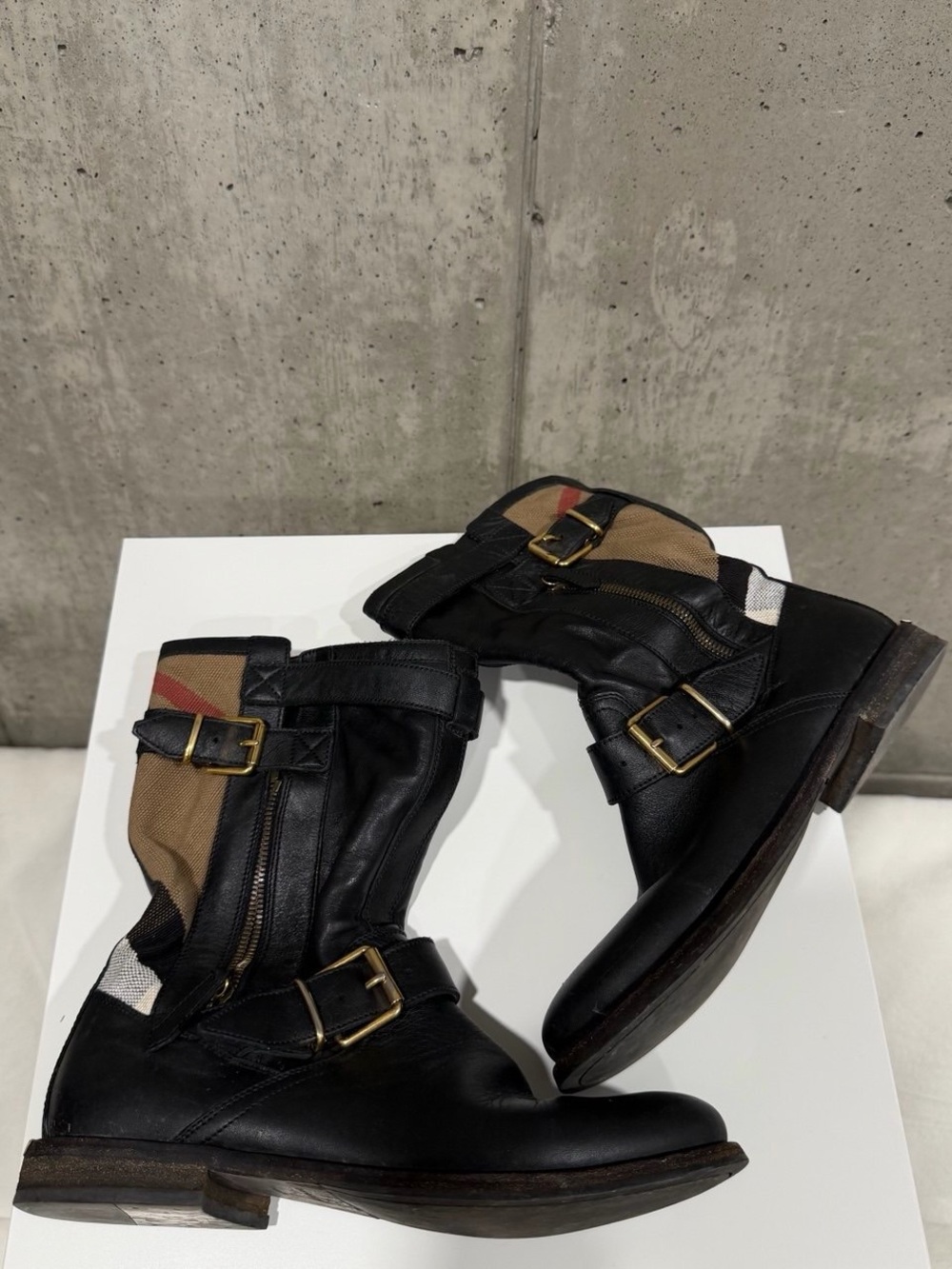 Burberry Black Leather Mid-Calf Boots with Tan Check Panel
